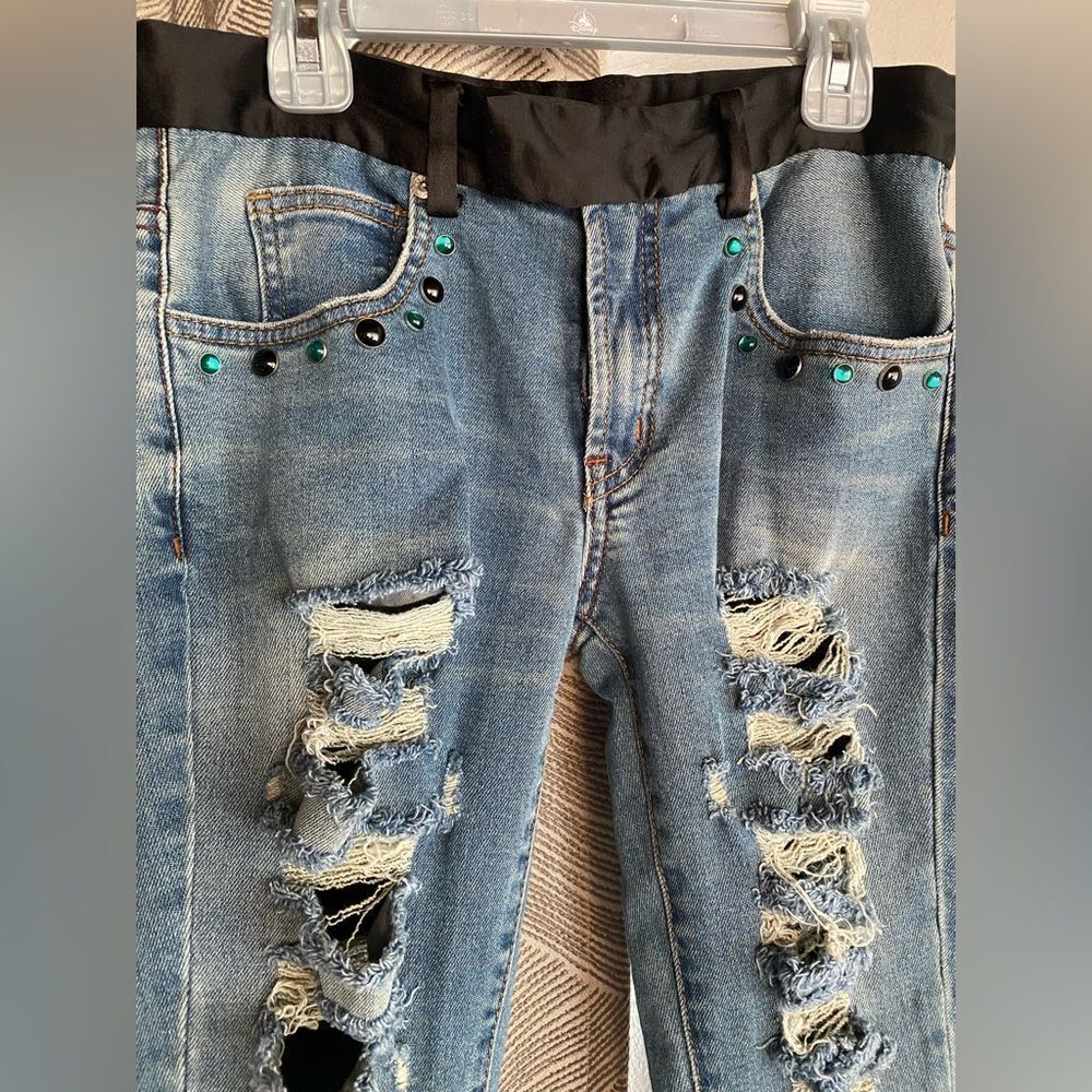 UNDERCOVER Ripped Takahashi Shield Jeans Skinny Rhinestone Rare Sz 0 - Picture 3 of 14